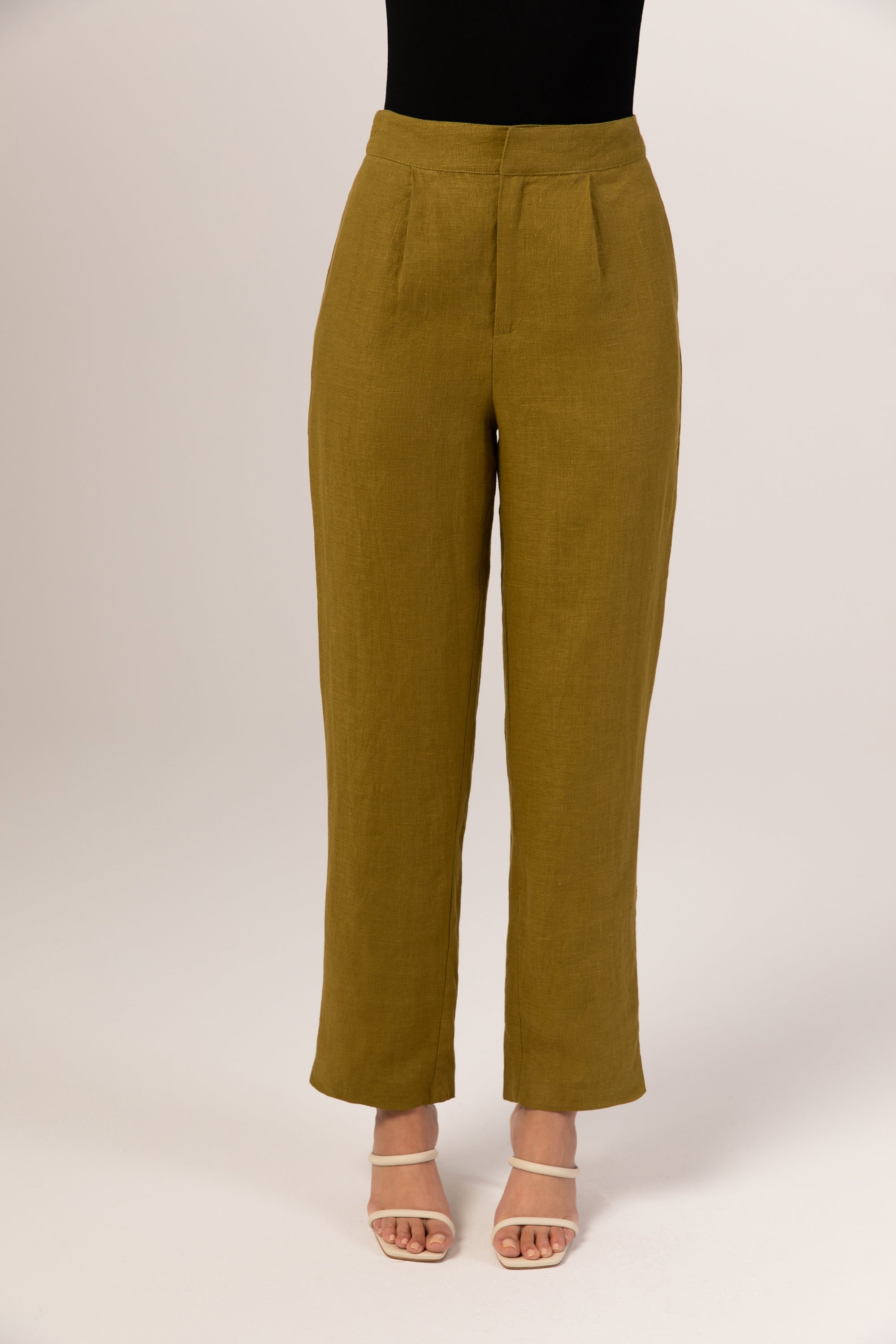 Light Olive Gathered Tie Waist Straight Leg Cargo Linen 4-Pocket Women Pants  | Amaryllis – Amaryllis Apparel